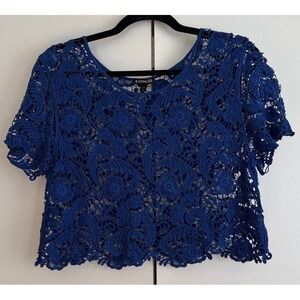 Express Blue Lace Tee Cropped Crewneck Top Size‎ Small